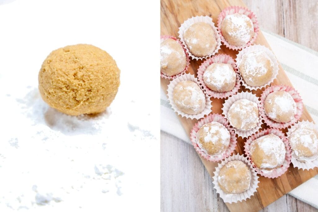 Rolling peanut butter bliss balls and placing them in cupcake liners. 