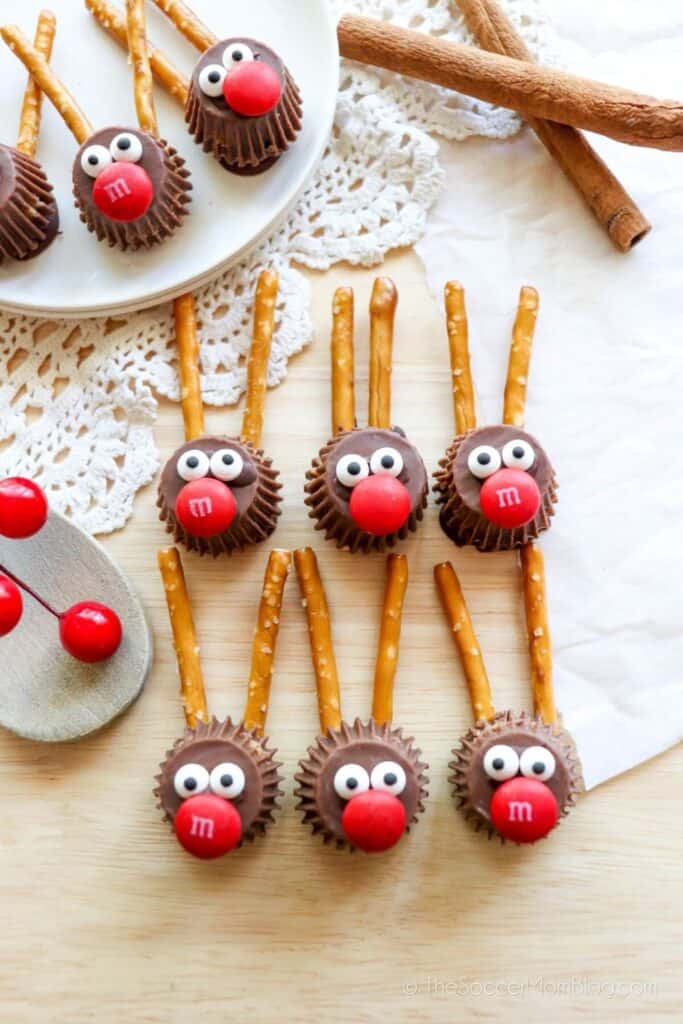 6 mini Reese's cup Rudolp treats with candy eyes, M&M nose and Pretzels for antlers. 