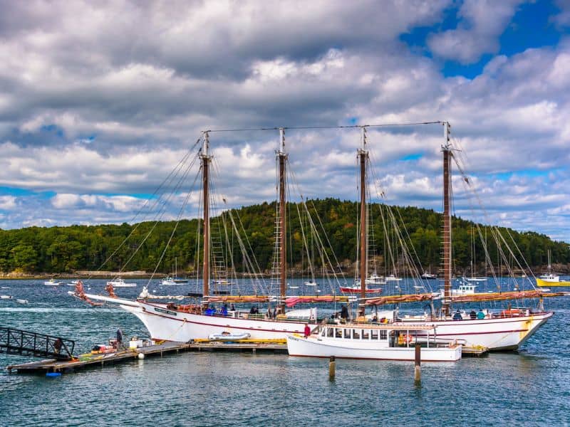 Sailing Schooners with sails down in Bar Harbor, Maine.