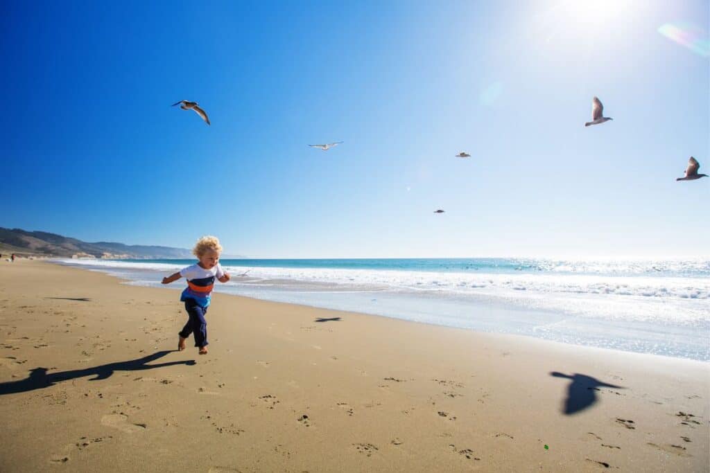 Young boy running in barefoot on sandy beach with seagulls flying overhead.