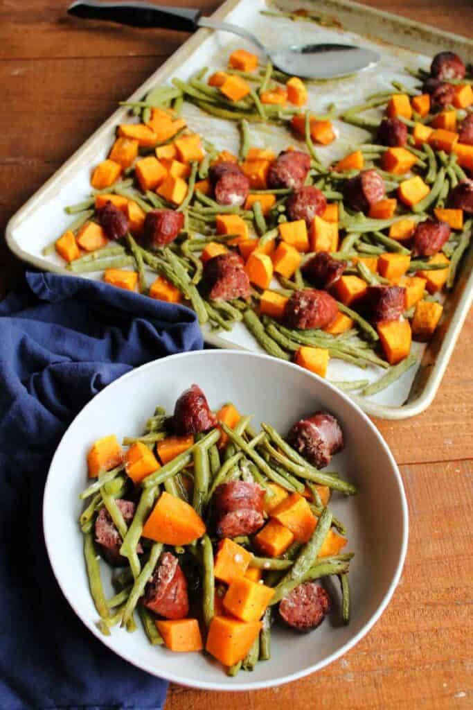 sweet potato, green beans and kielbasa sausage.