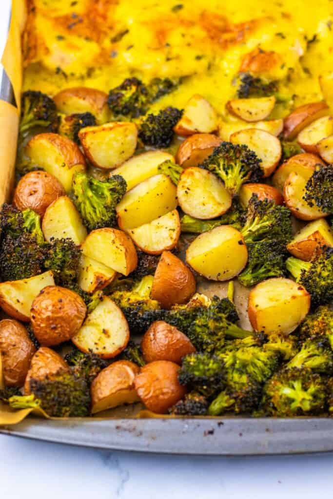 Close-up of roasted sheet pan vegetables and chicken dinner featuring golden baby potatoes and crisp edged broccoli next to cheesy baked parmesan chicken. 