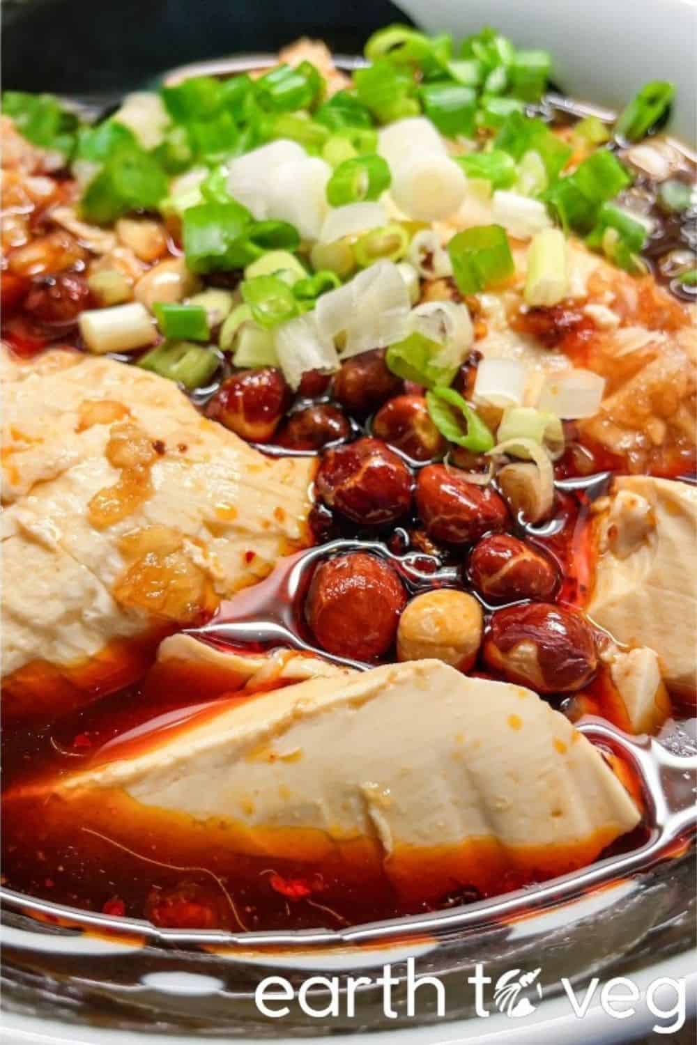 Bowl of spicy tofu pudding topped with silky tofu, crunchy roasted peanuts, chopped green onions, and chili oil in a rich, savory broth. The colorful toppings add texture and heat to this comforting dish inspired by classic Chinese flavors.
