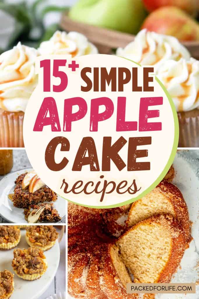 Collage of the best fall apple cakes including cinnamon sugar bundt cake, frosted apple cupcakes, apple crumb cheesecakes, and moist apple sheet cake topped with fresh slices