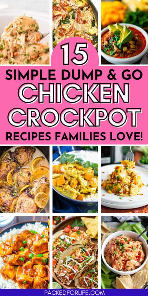 A PIN of simple dump and go chicken crockpot recipes from chicken and dumplings, to taco soup, chicken curry, hawaiian chicken and more. 