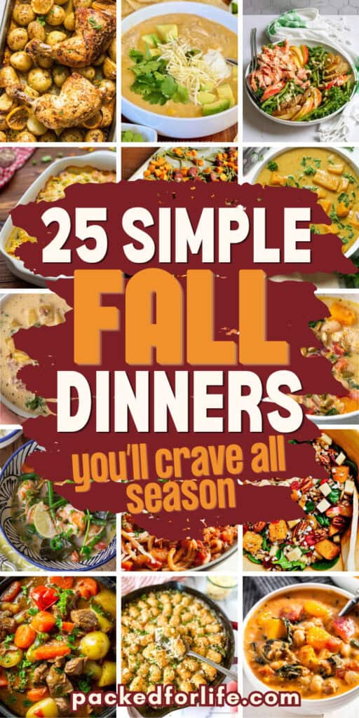 A collage of roasted lemon chicken with baby potatoes, creamy white chicken chili, salmon grain bowls, cheesy baked pasta, roasted sausage with vegetables, creamy squash curry, shrimp soup, hearty pasta, autumn harvest salad, beef stew, creamy gnocchi soup, and sausage and pumpkin soup, featuring Simple Fall meals for easy dinners.