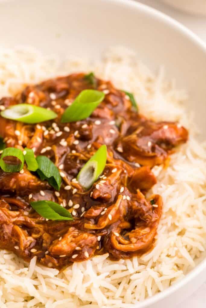 Close up of white rice topped with honey garlic shredded chicken.