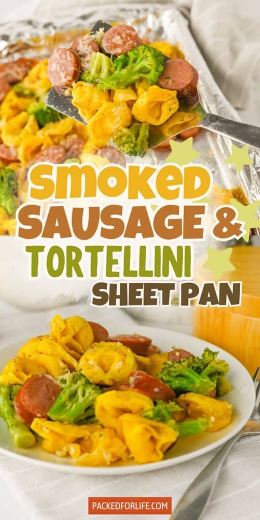 A metal spatula holding up a scoop of smoked sausage sheet pan dinner with roast broccoli and tortellini. A photo of a plate of this family friendly dinner is underneath.