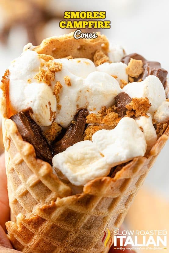 S'mores campfire waffle cone filled with chocolate, marshmallows & cookie bits, 