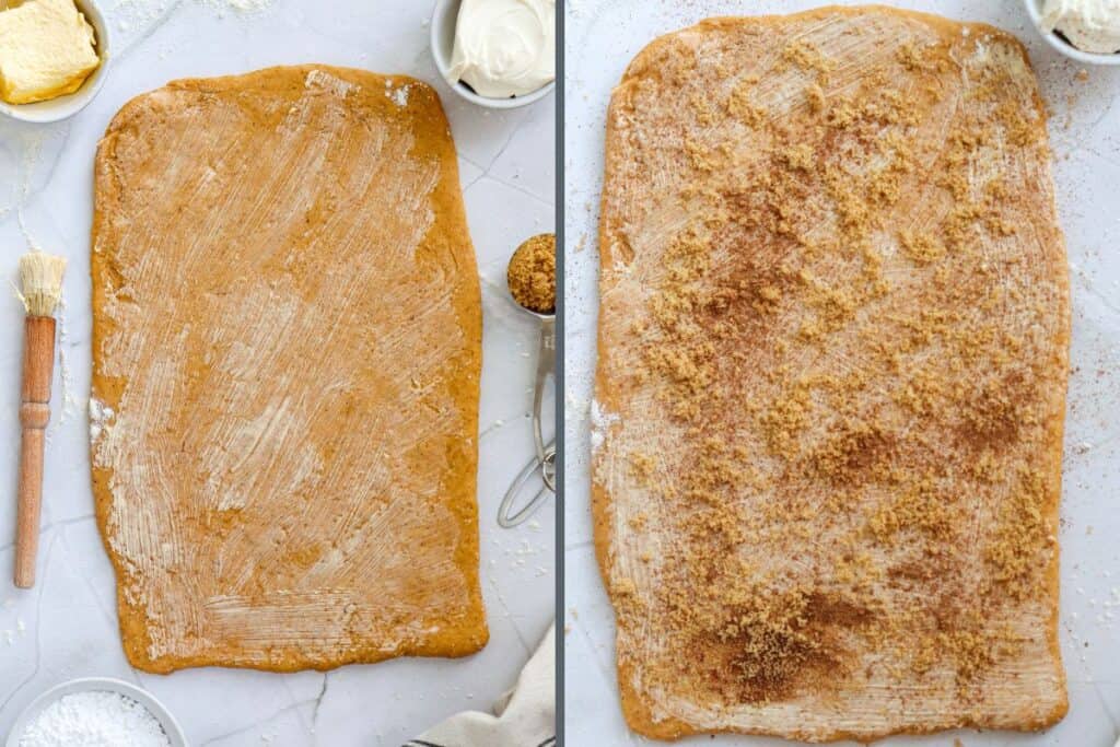 Spreading cinnamon, sugar & Butter on a rolled out rectangle of Pumpkin Cinnamon Roll Dough