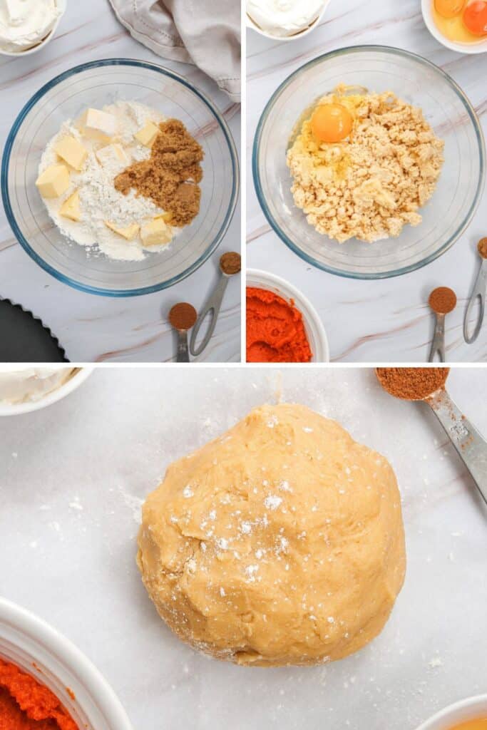 Three visual steps to make the dough;  bowl with flour, butter and brown sugar, then bowl with coarse crumble and one egg, and finally ball of kneaded dough.