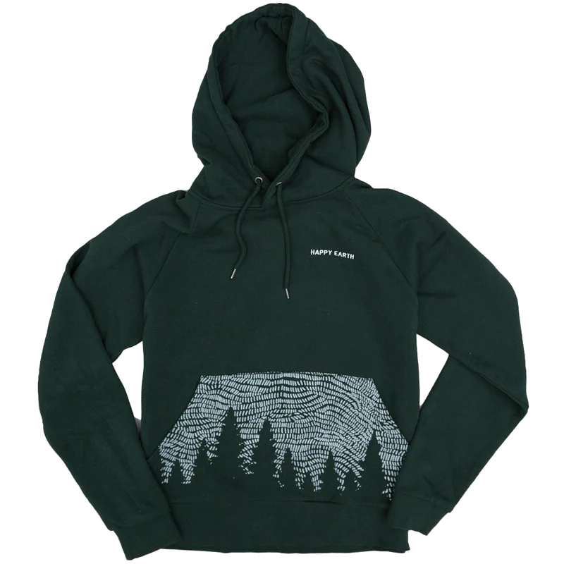 Black hoodies with forest silhoutte on fornt pocket pouch.