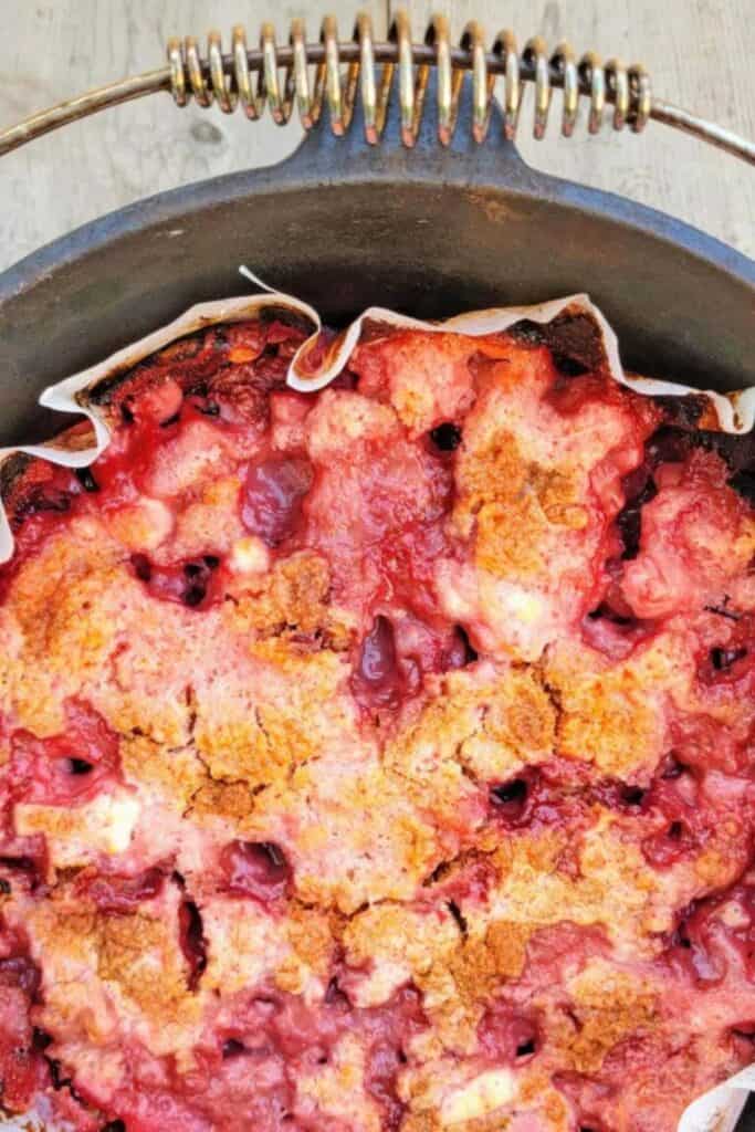 Strawberry cheesecake campfire cake in a cast iron dutch oven.