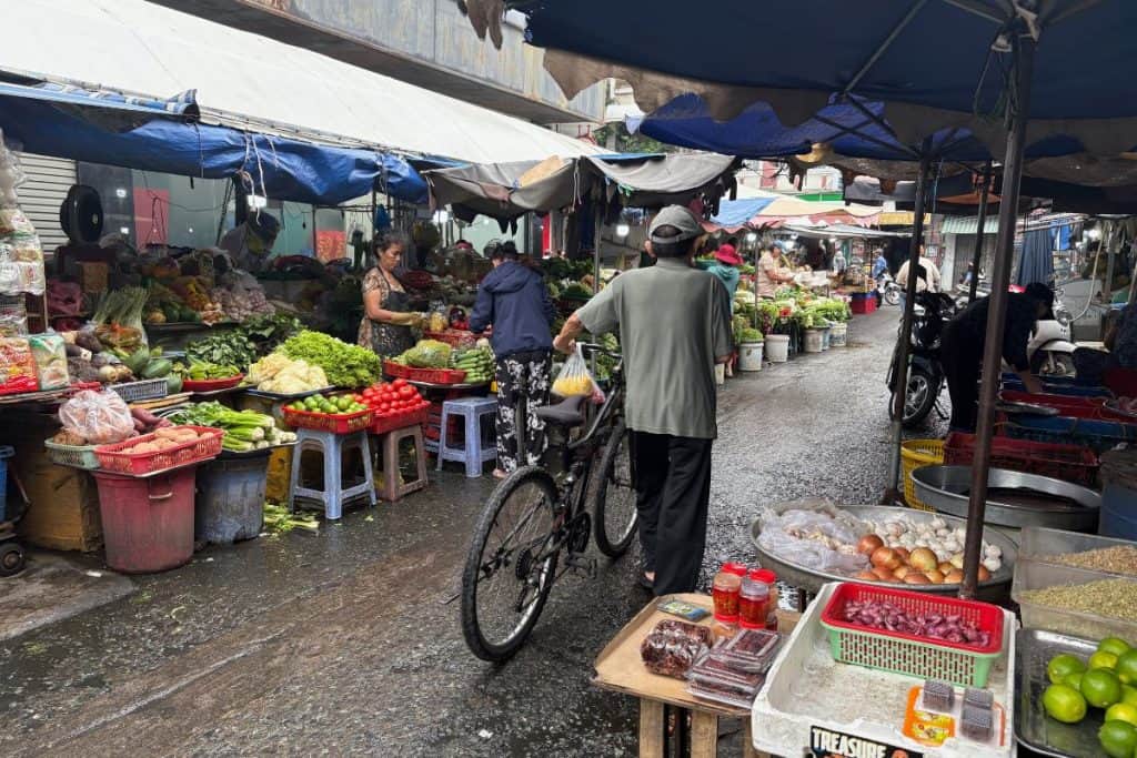 A bustling wet market scene shows vendors selling a colorful array of fresh vegetables, fruits, and spices under tarps and umbrellas. A man pushes a bicycle through the narrow aisle, while shoppers browse tables filled with tomatoes, lettuce, onions, and herbs on a wet, rain-slicked street.