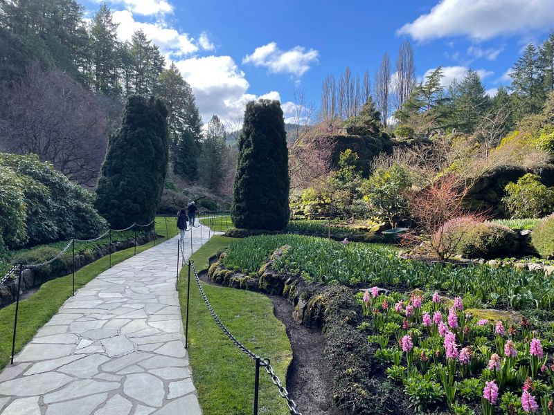 Sunken Garden pathway  and flowers, in Butchart Gardens, Victoria Canada.