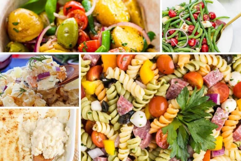 Collage of colorful easy side dishes for summer parties including tri-color rotini pasta salad with cherry tomatoes, salami, mozzarella, and parsley; creamy potato salad with red onions and dill; roasted potato and green bean salad with tomatoes and onions; a cheesy baked dip; and a green bean and tomato salad with red onion and cheese.