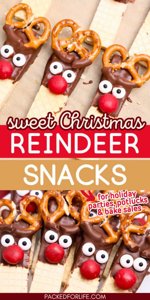 Chocolate dipped wafer cookies decorated with pretzel antlers, red noses, and candy eyes to make fun Rudolph snacks for kids’ Christmas parties, potlucks, and holiday bake sales.