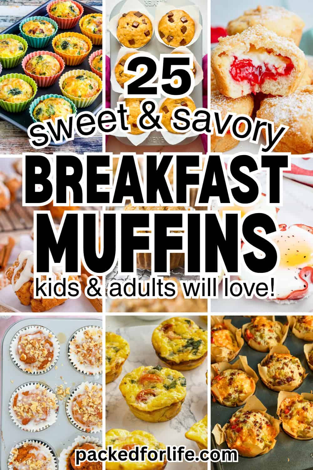 Collection of homemade breakfast muffins with both sweet and savory options including egg muffins, oatmeal muffins, chocolate banana muffins, keto ham and chees egg cups, and monkey bread muffins. 