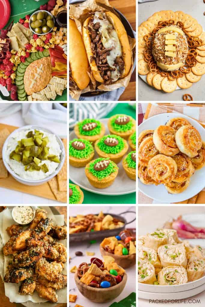 Collage of nine tailgate finger foods and appetizers, including a football-themed charcuterie board, cheesesteak sandwiches, football-shaped cheese ball with crackers, dill pickle dip, football cookie cups, ham and cheese roll-ups, parmesan chicken wings, sweet and salty snack mix, and chicken pinwheels. Each dish is arranged on party-ready platters or plates, styled for a game day spread.