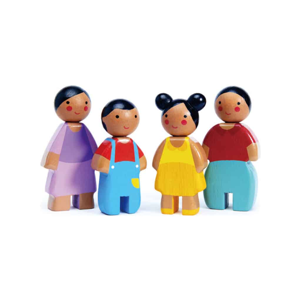 Four wooden black family dolls; mom, dad and two kids. 
