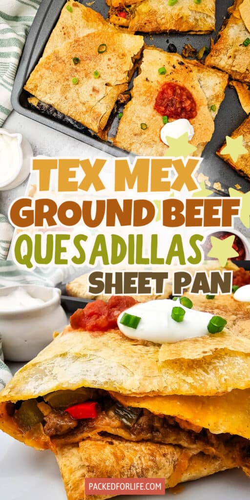 A close up of sheet pan quesadillas beef with crispy oven baked tortilla wedges filled with seasoned beef and beans, melted cheese, salsa, and sour cream, perfect for sheet pan quesadillas beef.