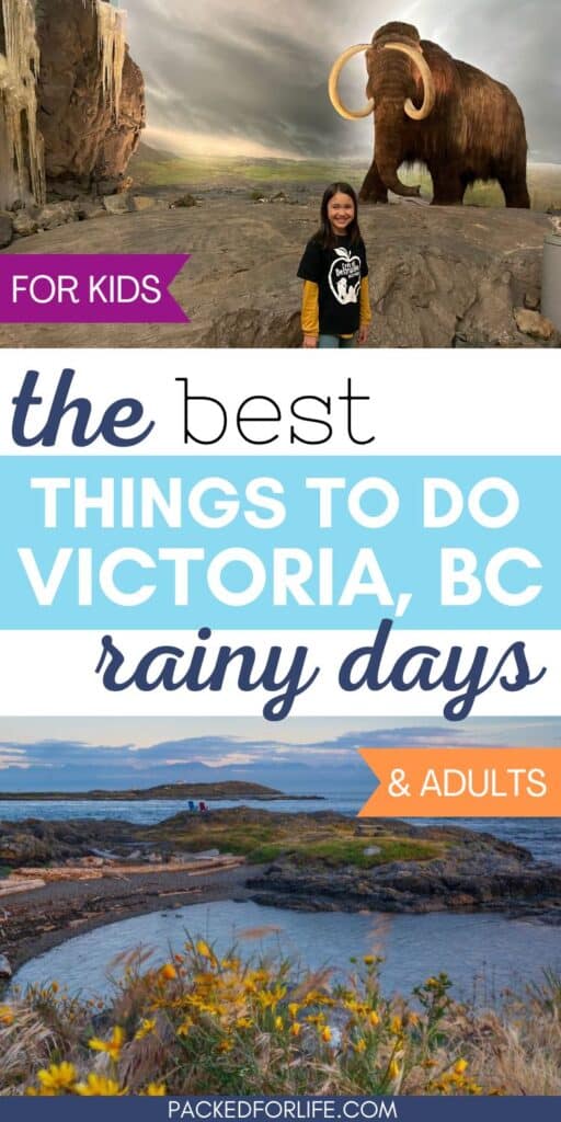 Young girl standing in front of wooly mammoth, ocean coastline &  beach. The best things to do Victoria, BC rainy days. 