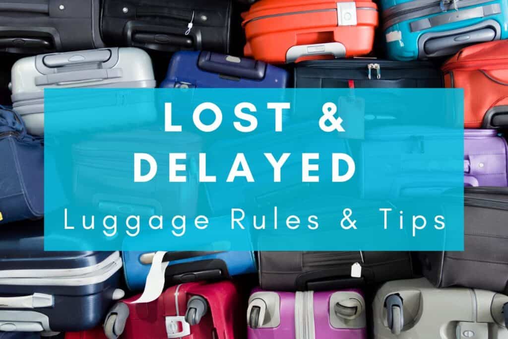 Pile of suitcases various sozes and colors. Lost & delayed luggage rules and tips
