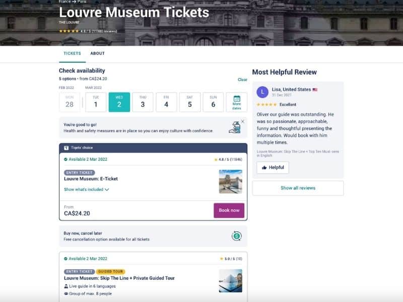 Screenshot of Tiqets website with Louvre Museum Tickets info.