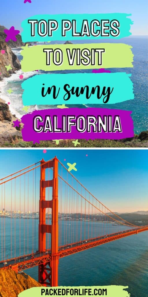 Golden Gate Bridge and sunny coastline in California.
