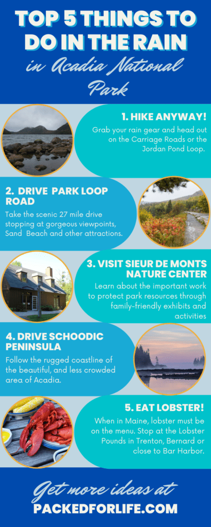 List of the top 5 things to do in Acadia when it rains with photos; hike, drive the Park Loop Road, Visit Sieur de Monts Nature Center, drive the schoodic peninsula, and eat lobster.