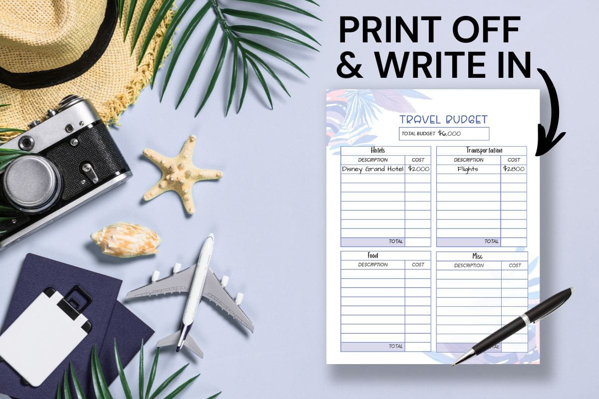 Travel budget planner printable page with the heading Travel Budget, divided into sections for hotels, transportation, food, and miscellaneous expenses. The image includes bold text that reads Print Off and Write In with an arrow pointing to the budget worksheet, surrounded by travel themed items like a camera, airplane model, passport, pen, seashells, and tropical leaves to emphasize easy vacation planning at home.