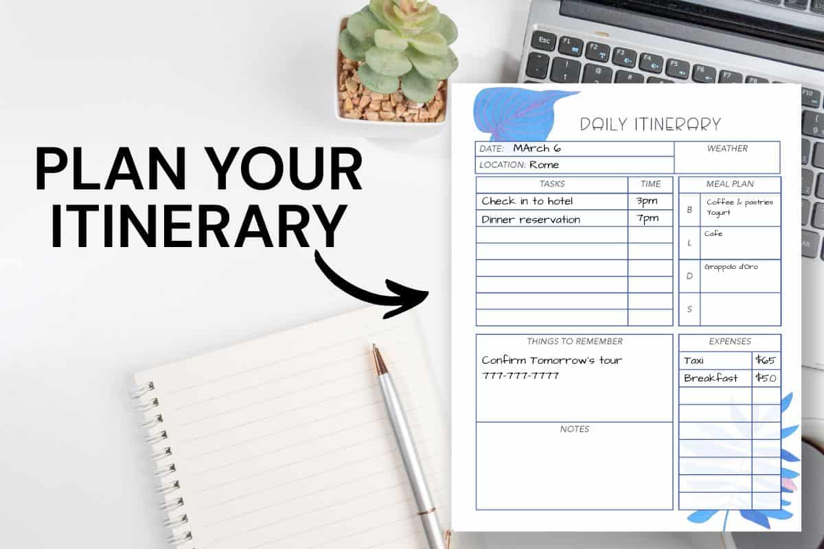 Daily itinerary travel planner printable page with sections for date, location, weather, tasks, time, and meal plan, shown filled out for March 6 in Rome. The image also features bold text that reads Plan Your Itinerary with an arrow pointing to the planner page, alongside a laptop, notebook, pen, and small plant to highlight organized vacation planning.