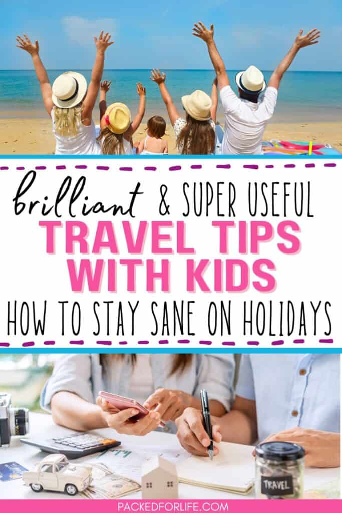 Family on the beach raising their hands. Brilliant & super useful travel tips with kids, how to stay sane on holidays.