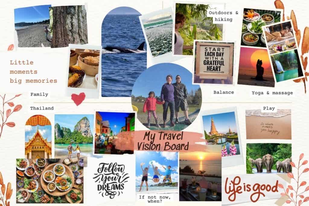 Travel Vision Board Ideas with a collage of photos, words and quotes.