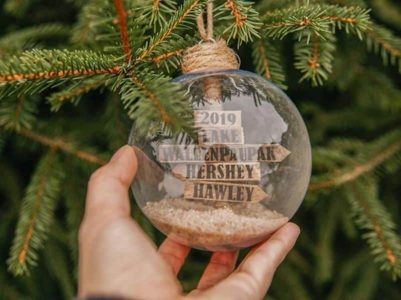 Glass Bauble Ornament with tiny wodden signs and sand