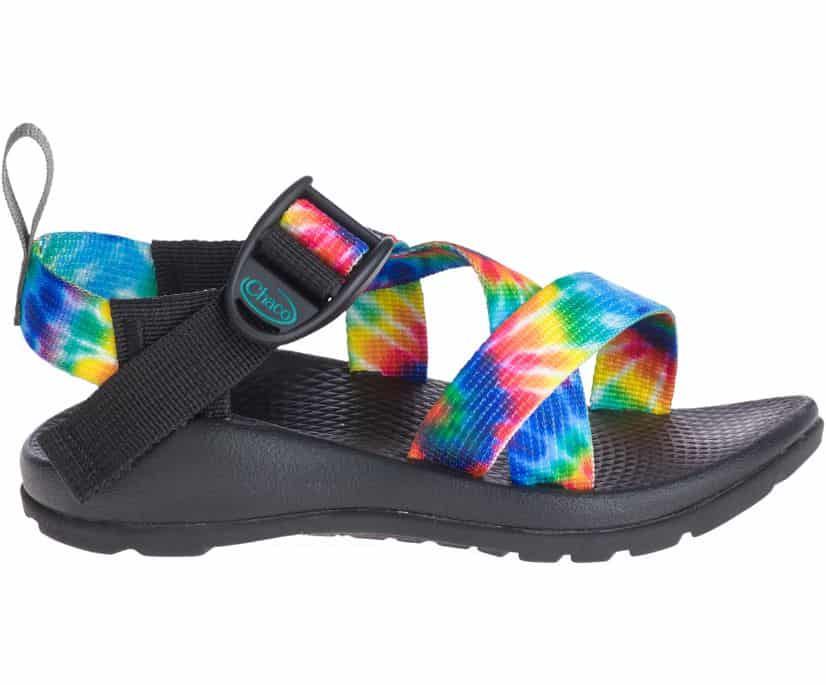 Chaco sandals with rainbow webbing.