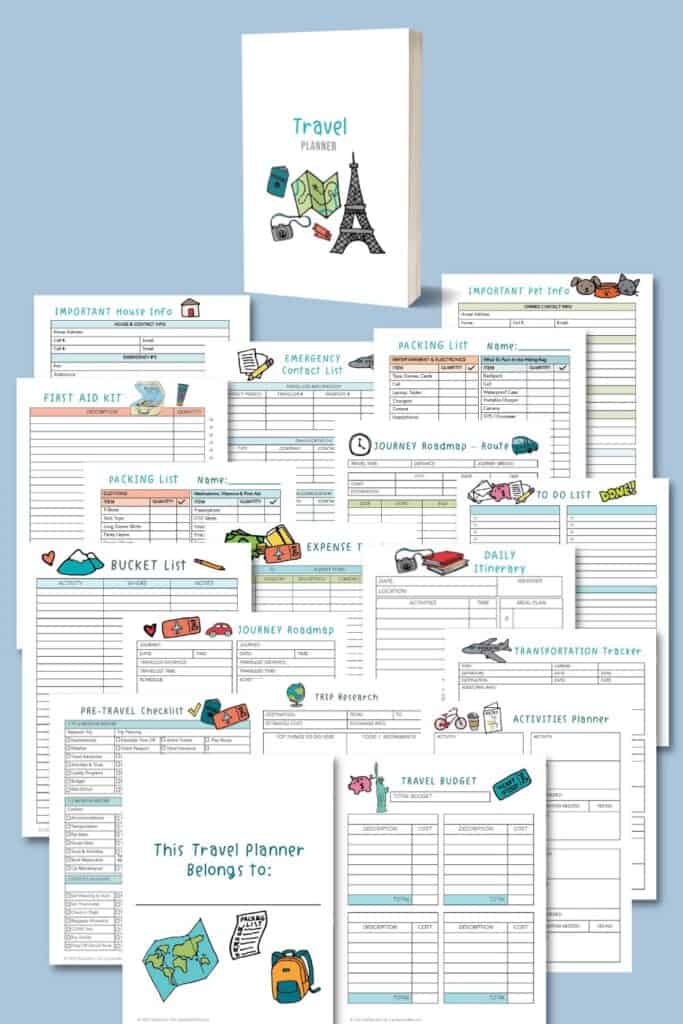 15 family travel planner pages fanned out. 