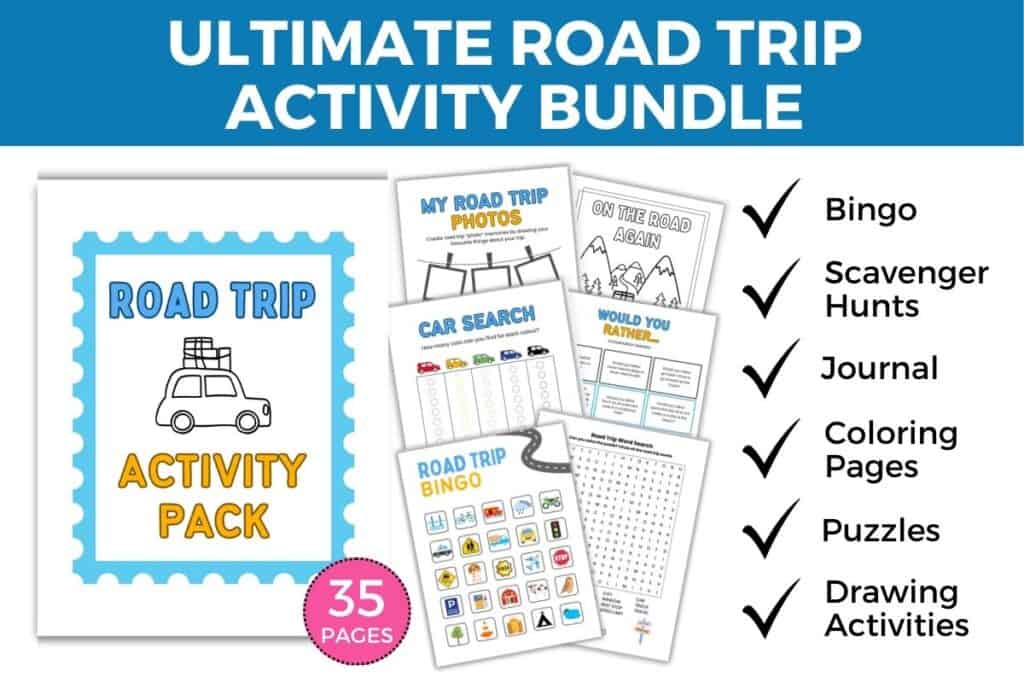 Road trip activity pack printable pages fanned out.