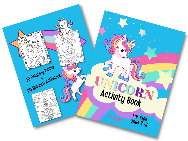 Unicorn Activity Book cover with unicorns, rainbows and shooting stars