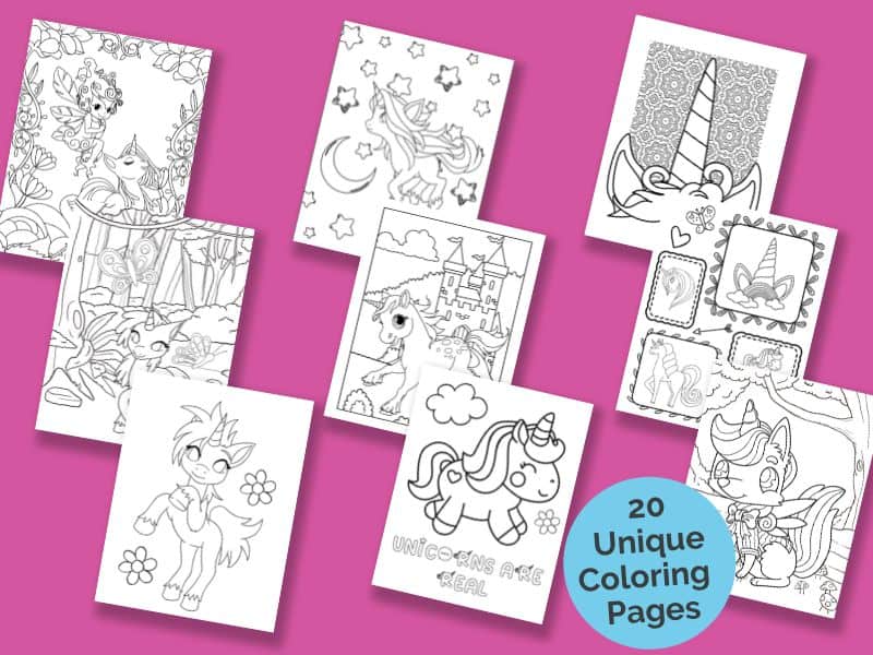 9 unicorn themed coloring pages in 3 rows of 3. 