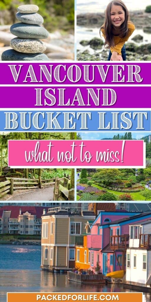 Vancouver Island Bucet List: What not to Miss. Pile of round rocks at beach, young girl leaning over smiling, on a rocky beach, Butchart Gardens, houseboats in Inner Harbour, Victoria, BC