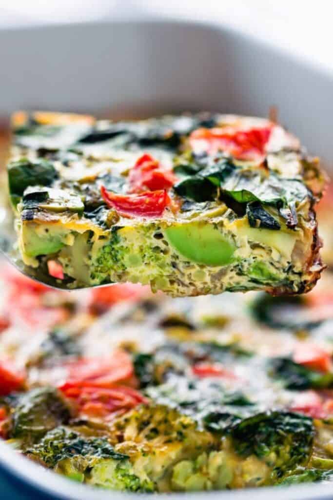 Egg bake with lots of spinach, eggplant, avocado, broccoli and tomato