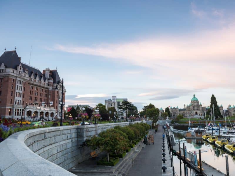 Victoria's Inner Harbour and Empress hotel on on avercast day. 