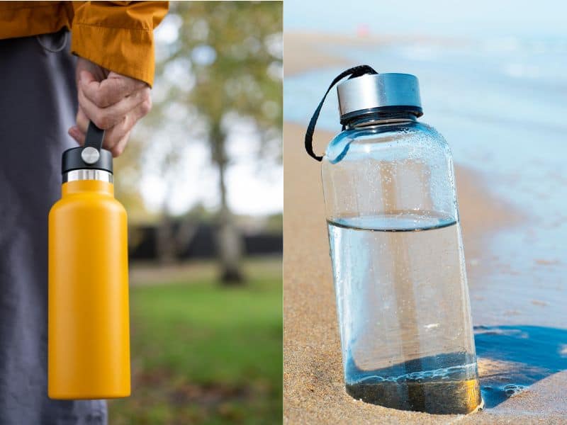 Glass water bottle on the beach, and person holding a yellow stainless steel waterbottle.