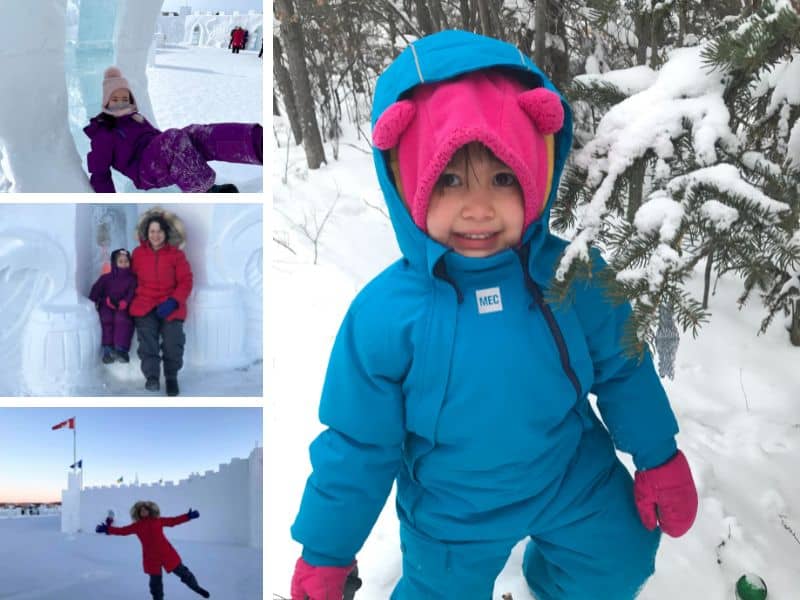 Four pictures of adult woman and young girl dressed in winter gear, outdoors in the snow.