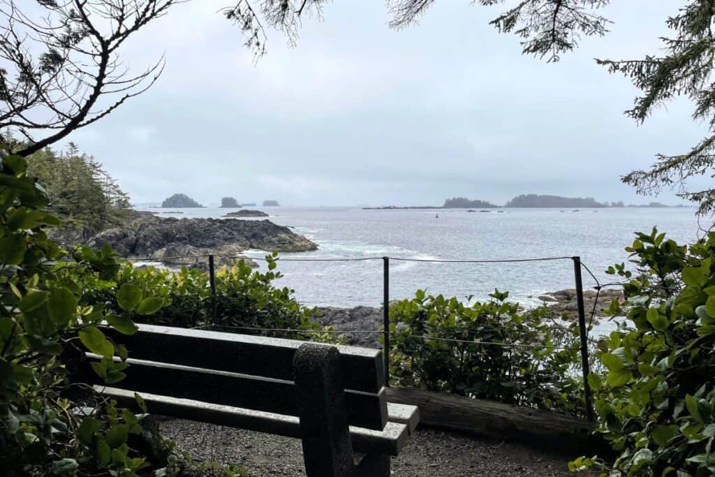 Wild Pacific Trail rocky shoreline viewpoint with a bench on foggy day.