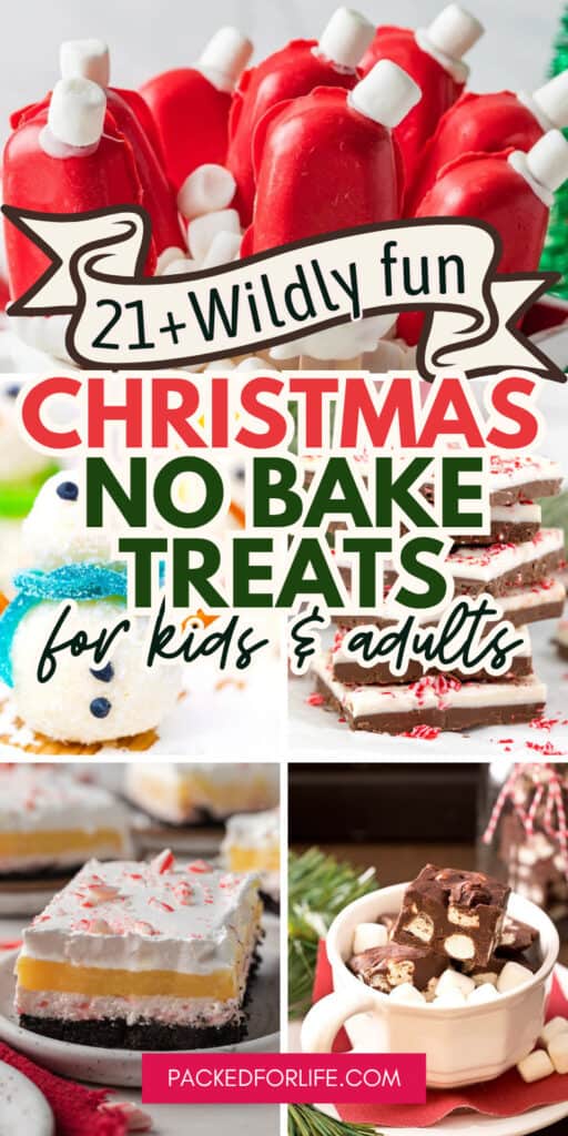 A collage of quick and easy Christmas treats including no bake peppermint bars, festive hot cocoa fudge, decorated snowman bites, Santa hat cakesicles, and holiday-themed desserts for kids and adults.