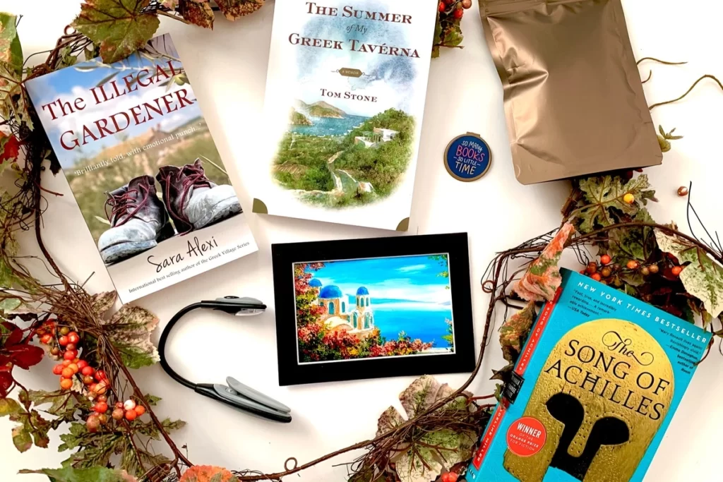 Book subscription box with non-fiction and fiction books about Greece