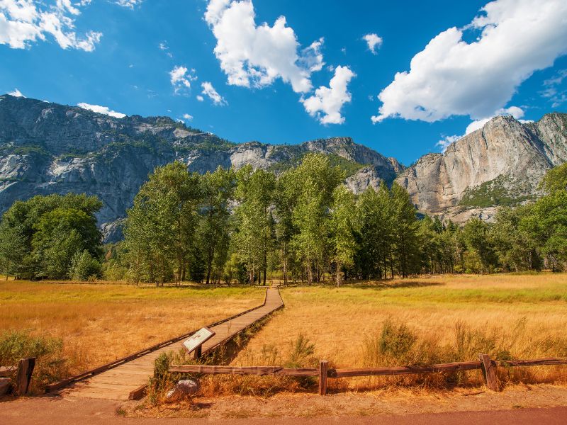 Yosemite Valley trail boardwalk with mountains in distance.