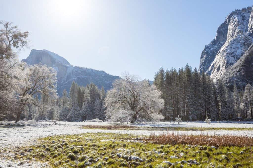 Yosemite National Park mountains, field with some snow and trees in early spring.